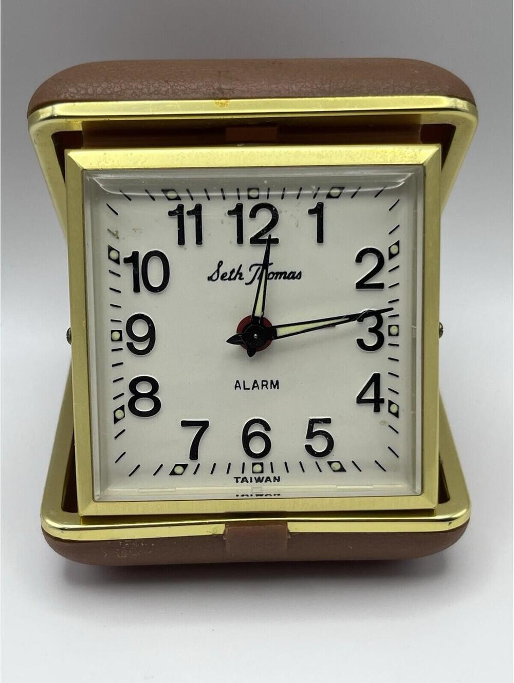 Vintage Seth Thomas Travel Alarm Clock Wind Up Brown Clam Case Working